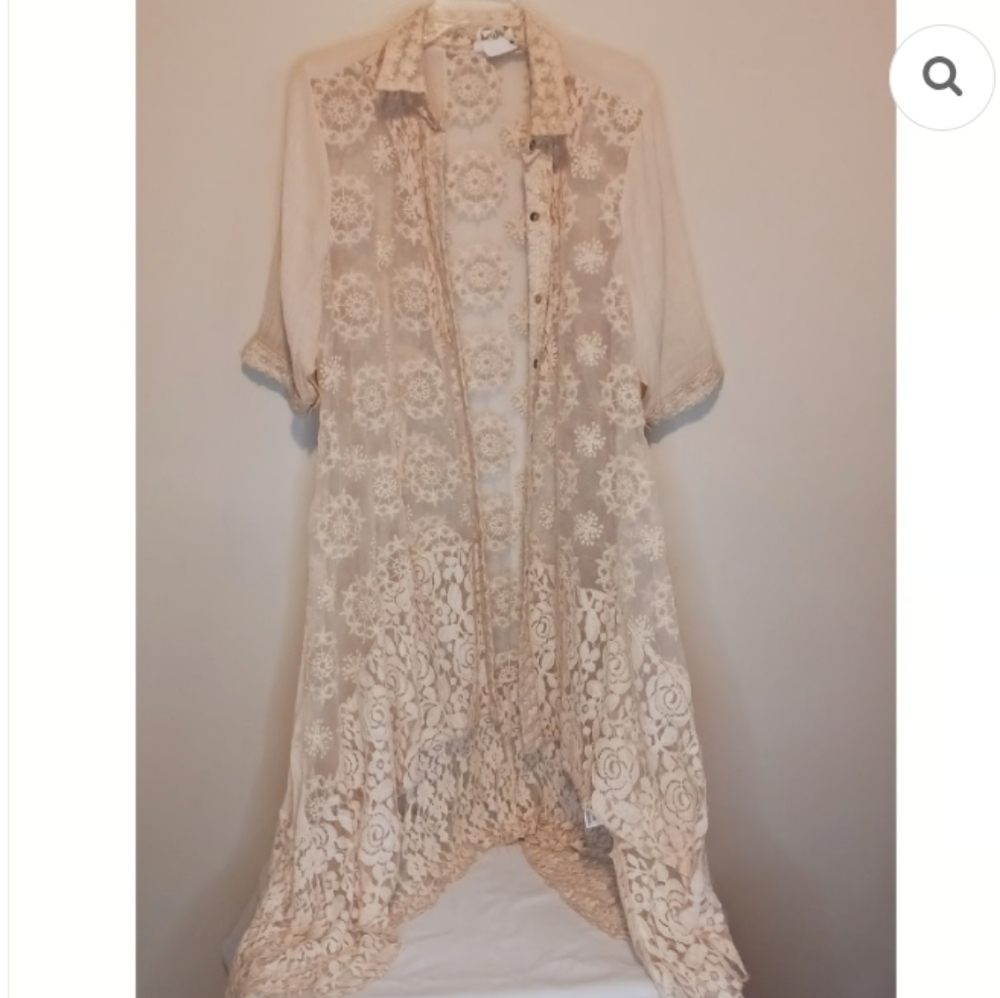 Tlew De Lis Anthropologie Cream Lace Long Shirt Jacket Duster Shawl Like New S